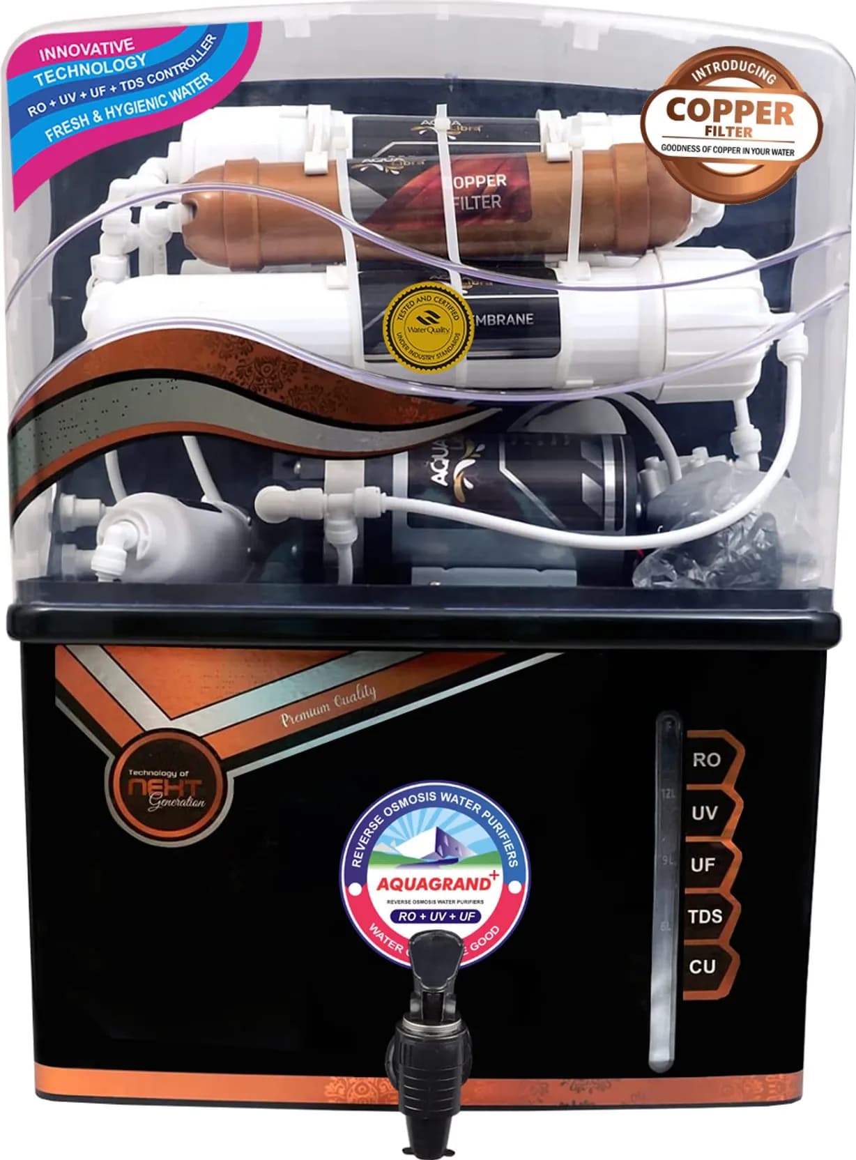 Aqua Grand Copper+RO+UV+UF 12 Liter TDS ADJUSTER with Black