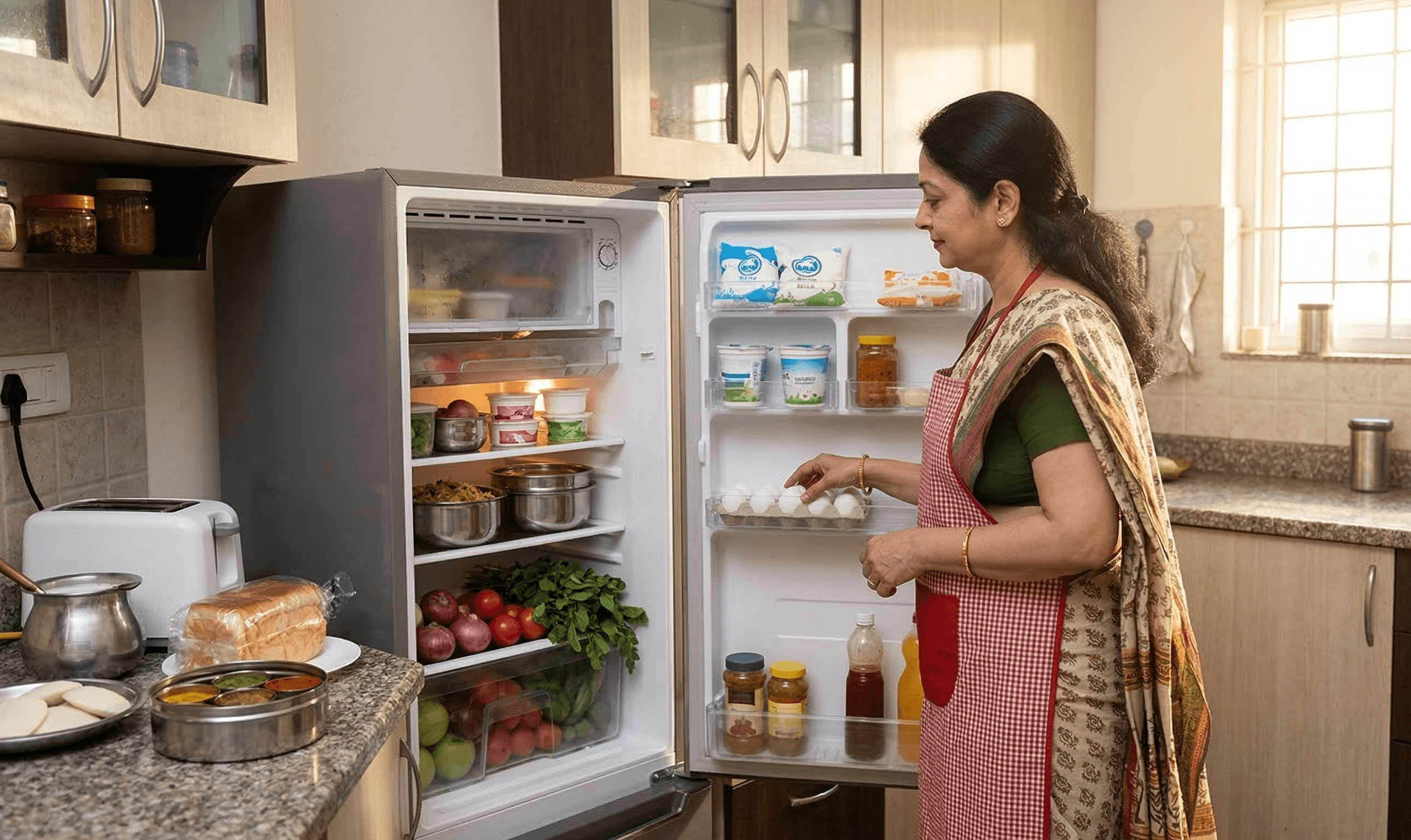 Woman using home appliances in kitchen