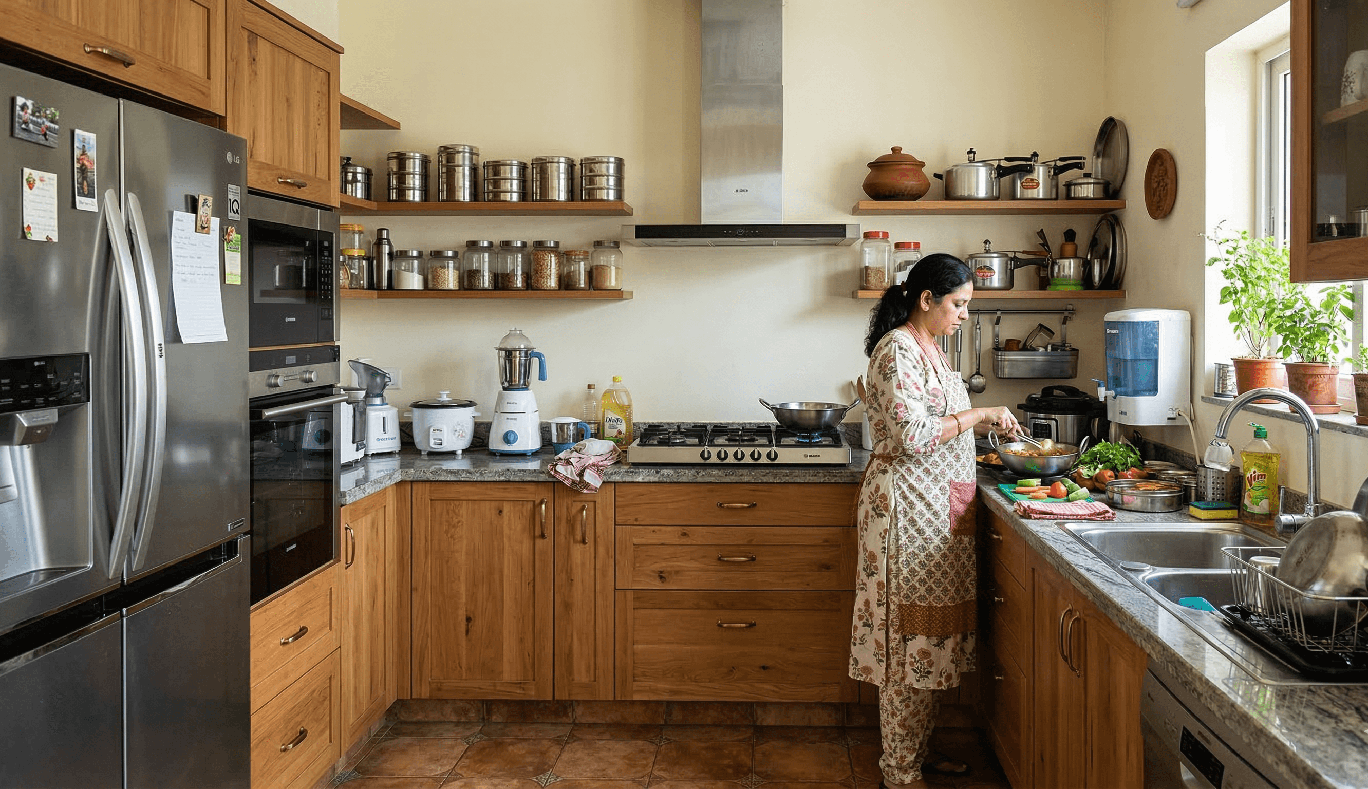 Modern Indian kitchen with home appliances