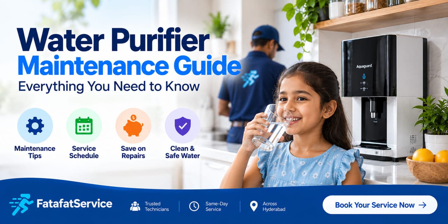 Water purifier maintenance guide: a girl drinking purified water while a FatafatService technician services the purifier